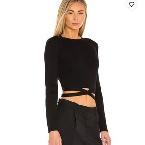 Musier Paris Giovana Ribbed Crop Knit Top Womens 38 6 Black Wrap Tie Stretch NEW